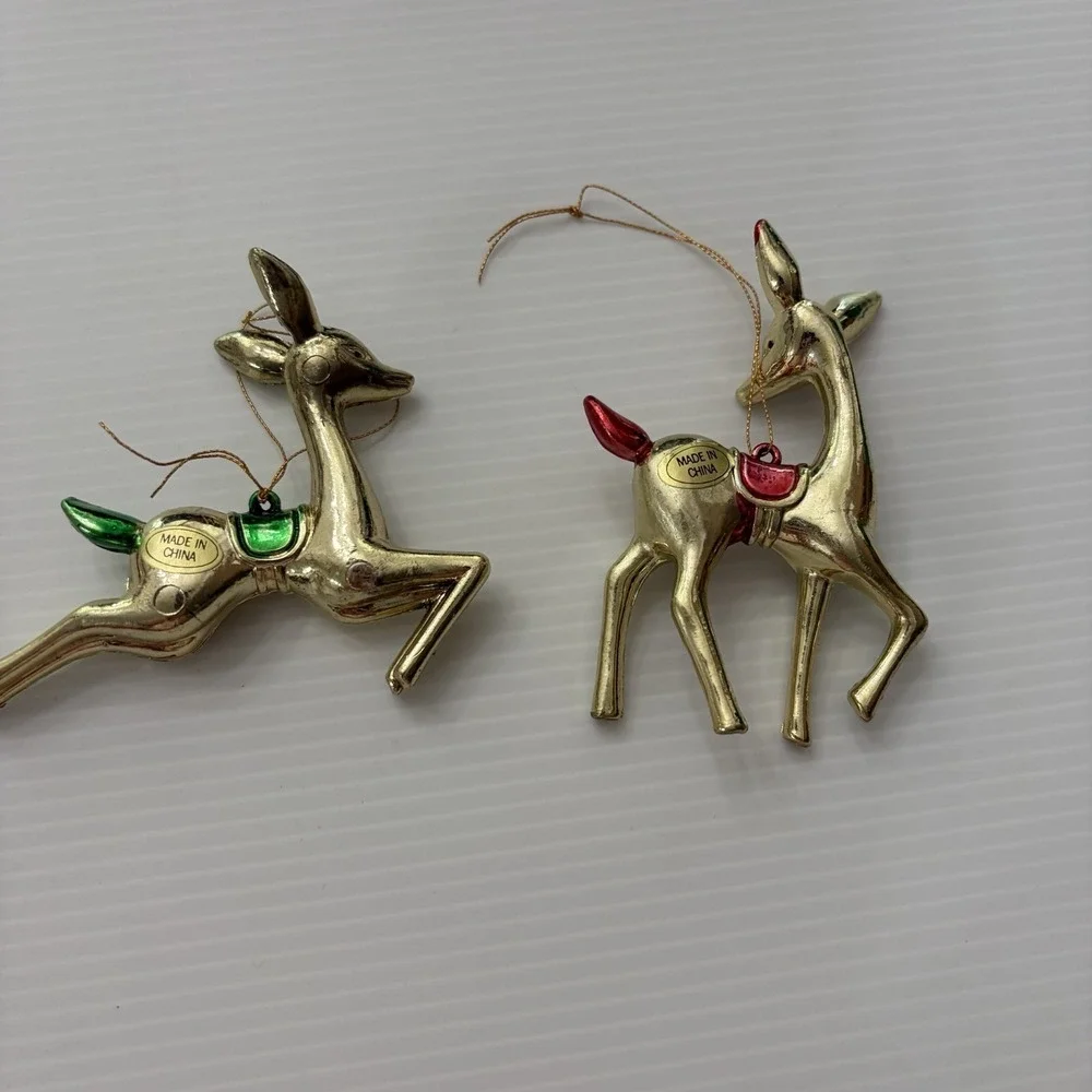 Lot Of 2 Vintage Gold Plastic Reindeer Christmas Ornaments Mid-Century Style